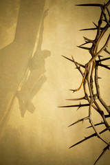 Easter background, Crown of Thorns and Crucifixion on Parchment