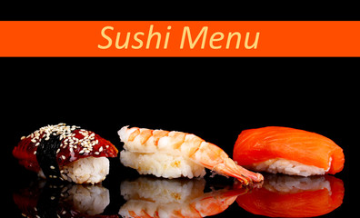 Delicious sushi isolated on black with space for your text