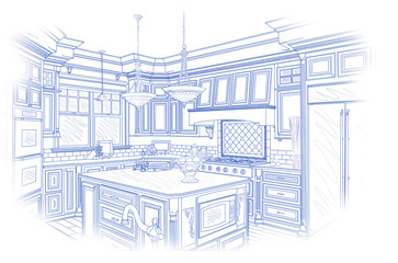 Blue Custom Kitchen Design Drawing on White