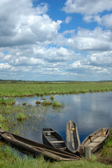 Obraz premium Fishing boats on the edge of water-meadow