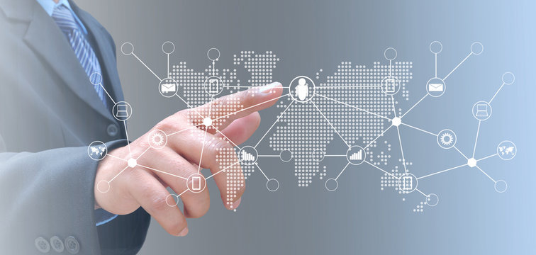 hand of businessman and social network on tech - Powered by Adobe