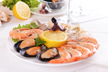 Tasty seafood on plate on table close-up