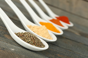Different kinds of spices in spoons on wooden background