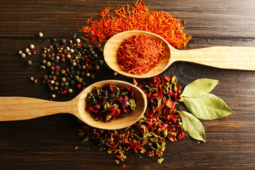 Different kinds of spices in spoons, close-up,