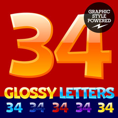 Glossy modern alphabet in different colors. Numbers 3 4