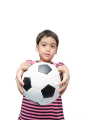 Little boy holding football on white background