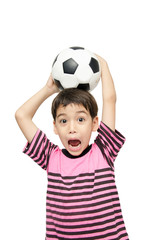 Little boy holding football on white background