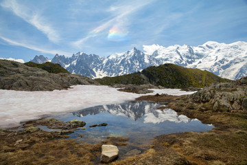The view of mountain lake in Alps