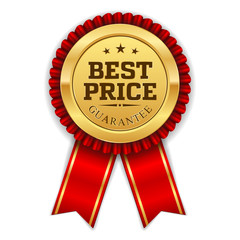 Gold best price badge with red ribbon on white background