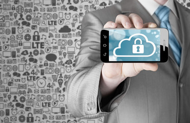 Man holds smart phone with cloud security concept on white