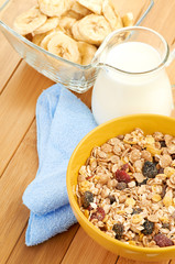 Delicious and healthy cereal in bowl with milk