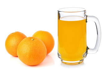 Fresh orange and glass with juice on white background.