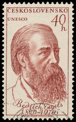 Stamp printed in Czechoslovakia shows portrait Friedrich Engels