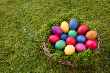 Fototapeta na wymiar Colored eggs in a basket