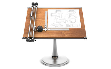 drawing table with project blueprint isolated on white with clip