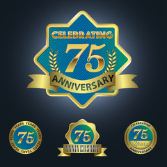 Naklejka premium Celebrating 75 Years Anniversary - Blue seal with golden ribbon