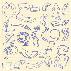 Hand drawn arrows on squared notebook page background icons set