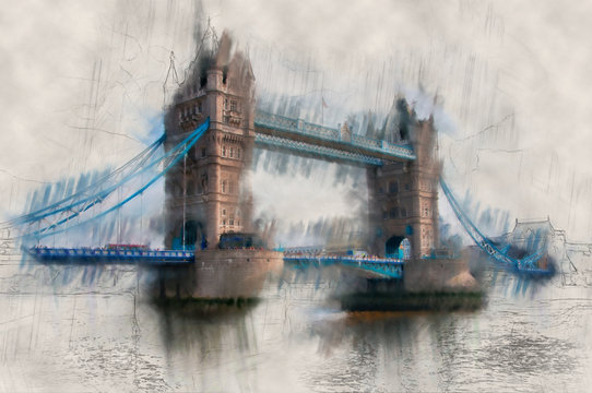 Paint effect vintage view of London Tower Bridge