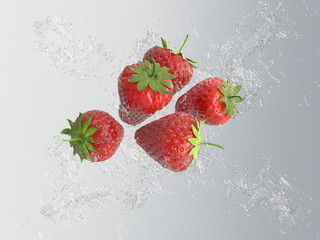 Five ripe red strawberries dropping into water