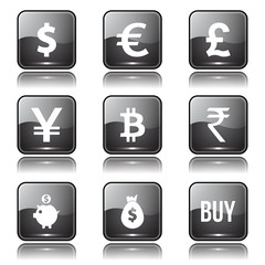 Currency Sign Square Vector Black Button Icon Design Set