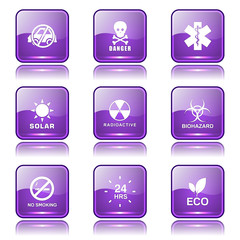 Warning Sign Square Vector Violet Icon Design Set
