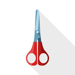Red scissors icon with long shadow on white background