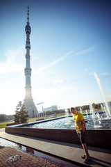 Man stands at Ostankino TV tower in Moscow