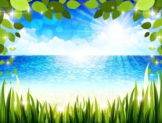 Fototapeta na wymiar natural green background with blue ocean background