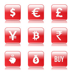 Currency Sign Square Vector Red Icon Design Set