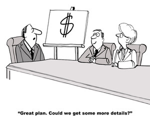 Cartoon of businessman presenting one page plan, making money.