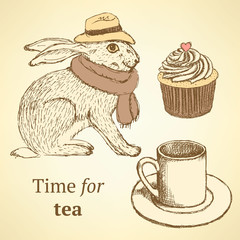 Sketch fancy hare, cup, cupcake in vintage style