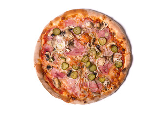 Delicious Italian pizza with ham, cucumber, and onion