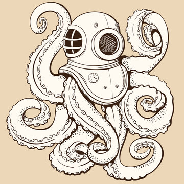 Octopus in retro deep diving suit. Vector illustration