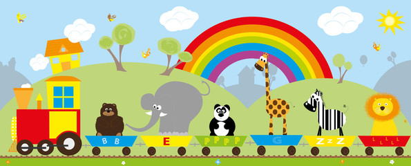 Naklejka premium train with animals on the background with the rainbow