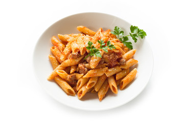 Mezze penne con carne suina e sugo, cucina italiana
