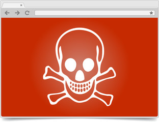 Simple opened browser window on white background with skull and