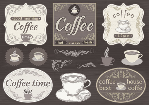 Vector Vintage labels at retro style. Coffee time