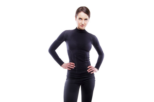 Close up image of female in sports clothing  on white background
