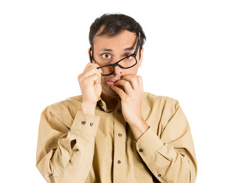 Headshot Stressed Anxious Young Man Biting His Fingernails 