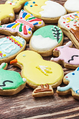 decorated Easter cookies laid out on the table