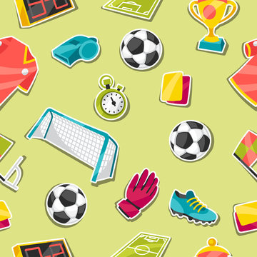 Sports seamless pattern with soccer sticker symbols.