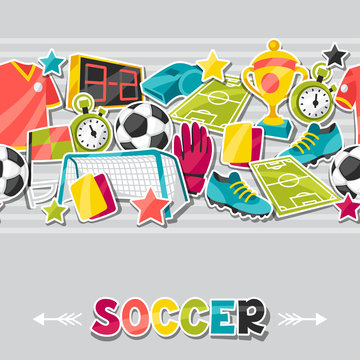 Sports seamless pattern with soccer sticker symbols.