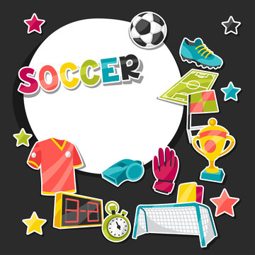 Sports background with soccer sticker symbols.