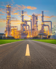 Fototapeta premium Oil gas refinery plant. May called petroleum, production or petrochemical plant. Industrial factory construction from engineering technology with steel pipe, pipeline, tank. Business for power energy.