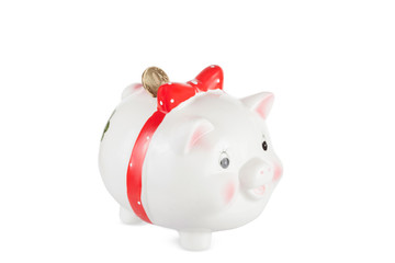 White pig moneybox with a coin isolated on a white background