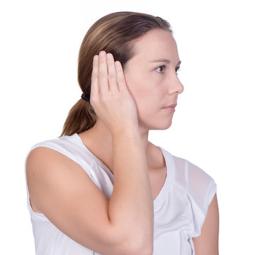 young woman hand over ears