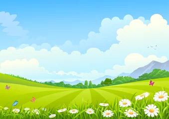 Poster Panoramisch uitzicht op uitgestrekte groene velden © ActiveLines