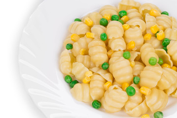 Pasta with green peas and corn.