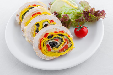 Chicken meat and vegetables roll appetizer