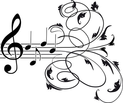 Treble clef and musical notes with decorative floral swirls